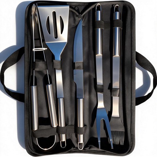 Barbecue-accessoires: 5-delige roestvrijstalen grillgereedschapsset incl. mes, spatel, tang, vork en siliconen bakborstel (5 stuks)
