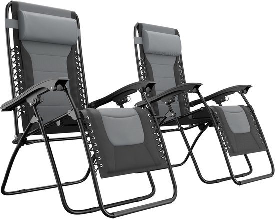LifeGoods Ligstoelen Comfort - Opvouwbaar - 30°-90° Verstelbaar - Beker en Telefoonhouder - Tuinstoelen - Zwart/Grijs