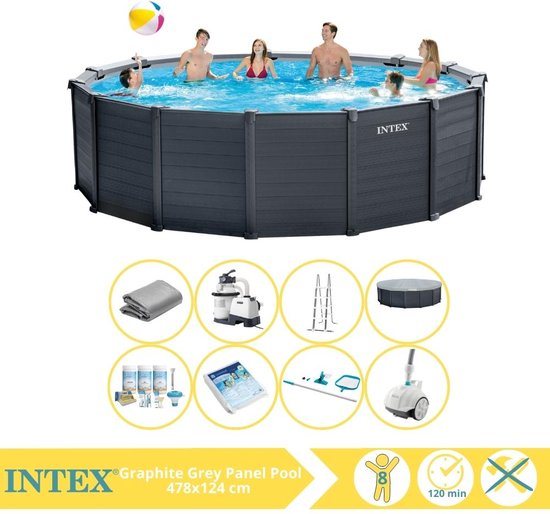 Intex Graphite Gray Panel Zwembad - Opzetzwembad - 478x124 cm - Inclusief Onderhoudspakket, Glasparels, Onderhoudsset en Zwembad Stofzuiger