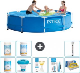 Intex Rond Frame Zwembad - 305 x 76 cm - Blauw - Inclusief Chloor - Chloordrijver - Testrips - Reparatiesetje - Scrubborstel - PH-waarde - PH-waarde - Thermometer