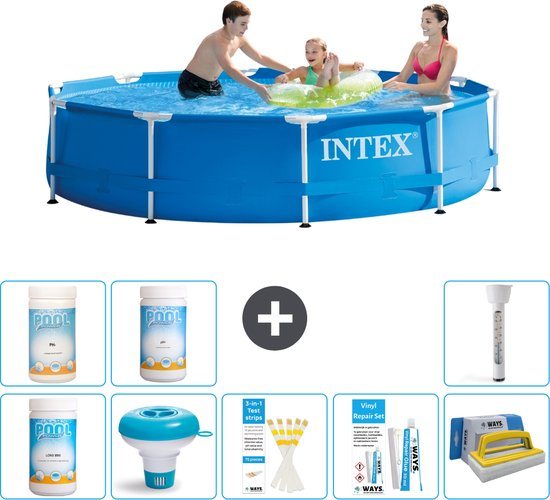 Intex Rond Frame Zwembad - 305 x 76 cm - Blauw - Inclusief Chloor - Chloordrijver - Testrips - Reparatiesetje - Scrubborstel - PH-waarde - PH-waarde - Thermometer