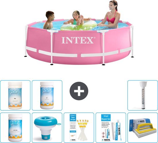 Intex Rond Frame Zwembad - 244 x 76 cm - Roze - Inclusief Chloor - Chloordrijver - Testrips - Reparatiesetje - Scrubborstel - PH-waarde - PH-waarde - Thermometer