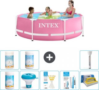 Intex Rond Frame Zwembad - 244 x 76 cm - Roze - Inclusief Chloor - Chloordrijver - Testrips - Reparatiesetje - Scrubborstel - PH-waarde - PH-waarde - Thermometer