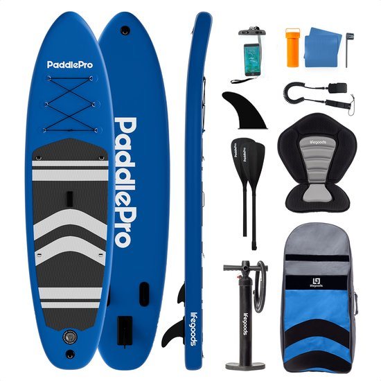 LifeGoods PaddlePro SUP Board - met Zitje - Opblaasbaar Paddle Board - Complete Set - Max. 150KG - 320x81cm - Blauw