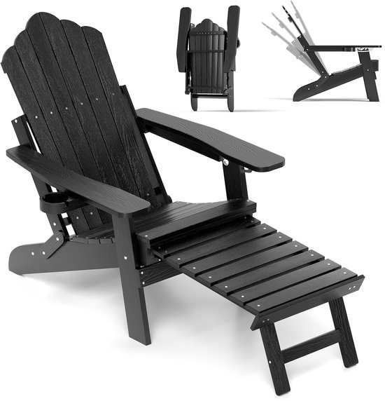COSTWAY Opvouwbare Adirondack stoel met voetensteun en verstelbare rugleuning, weerbestendige Adirondack stoel van kunststof, tuinstoel met bekerhouder voor tuin, terras, draagvermogen 180 kg