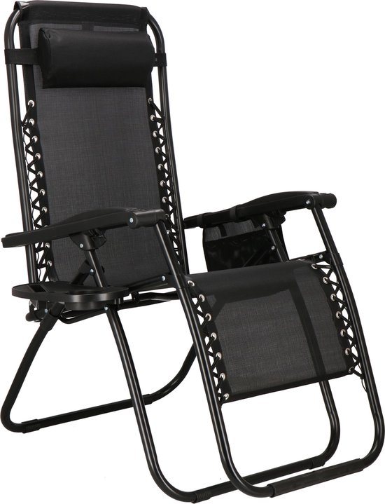 Springos Tuinstoel | Ligstoel | Opvouwbaar | Verstelbaar | Ergonomische hoofdsteun | Zwart