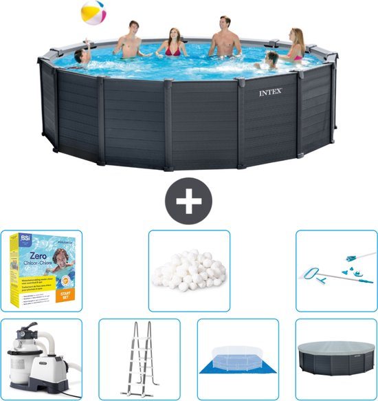 Intex Rond Graphite Gray Panel Zwembad - 478 x 124 cm - Inclusief Pomp - Ladder - Grondzeil - Afdekzeil Onderhoudspakket - Filterbollen - Schoonmaakset