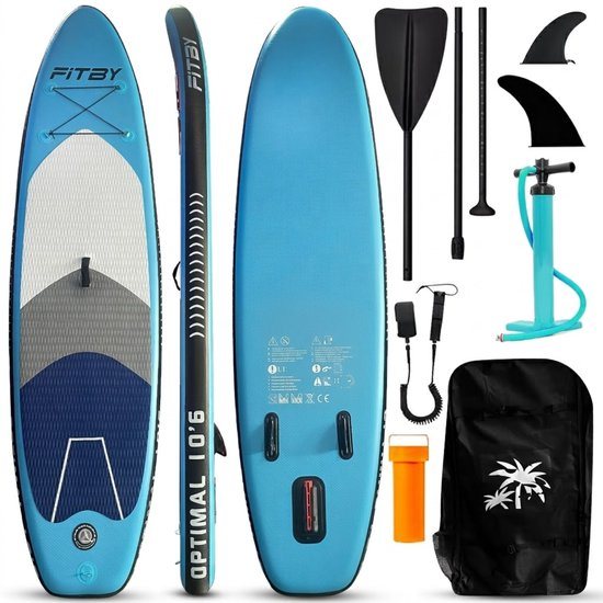 Fitby Supboard - Sup Board - Surfboard - Paddle board - Opblaasbaar - Verstelbare Peddel - Pomp - Draagtas - Max 150kg - 320X80cm - Blauw