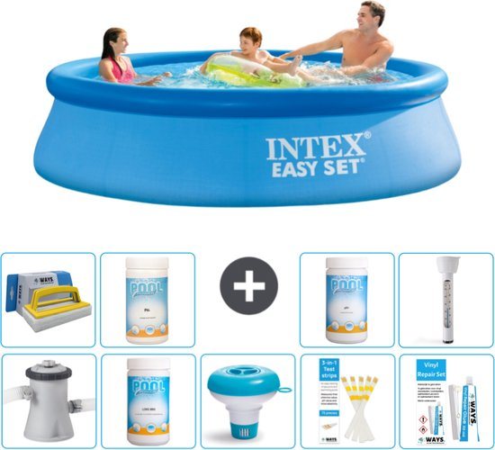Intex Rond Opblaasbaar Easy Set Zwembad - 305 x 76 cm - Blauw - Inclusief Pomp Chloor - Chloordrijver - Testrips - Reparatiesetje - Scrubborstel - PH-waarde - PH-waarde - Thermometer