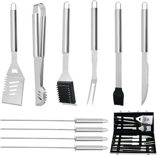 Barbecue-accessoires, roestvrij staal, hoogwaardig BBQ-bestek, met draagbare opbergkoffer, perfecte barbecue-gereedschapsset voor mannen, met vleesthermometer, cadeau,