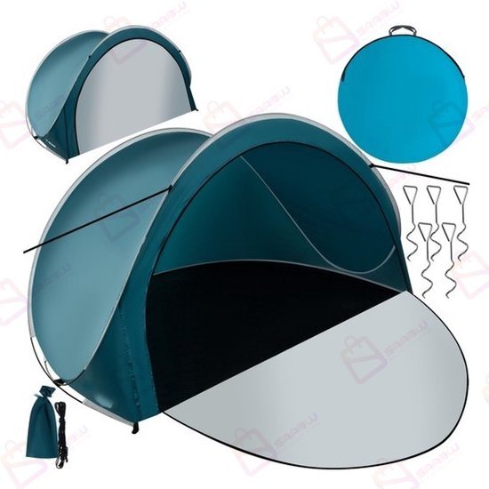 POP-UP Strandtent 3 Personen 200x120x110 cm – Zelfopenend met Rits – Wind- en Zonbescherming – Inclusief Haringen en Draagtas – Blauw/Wit – 52657