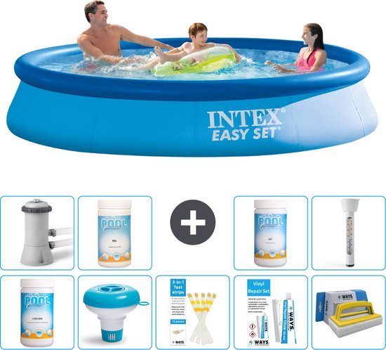Intex Rond Opblaasbaar Easy Set Zwembad - 366 x 76 cm - Blauw - Inclusief Pomp Chloor - Chloordrijver - Testrips - Reparatiesetje - Scrubborstel - PH-waarde - PH-waarde - Thermometer