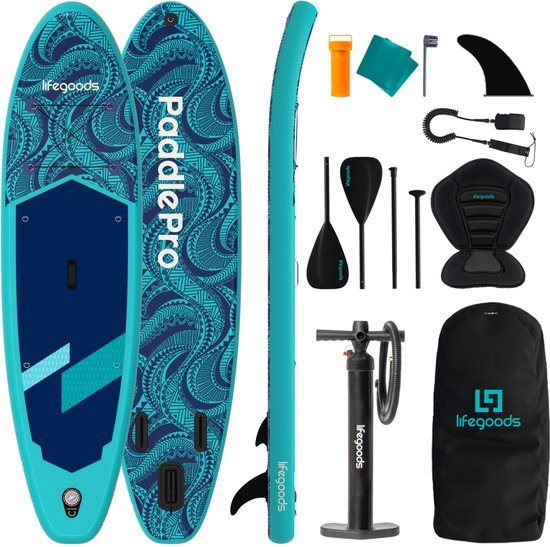 LifeGoods SUP Board Allround Compact - met Zitje - 120 KG Draagkracht - 300 x 76 cm - Opblaasbaar - Compleet SUP pakket - Blauw