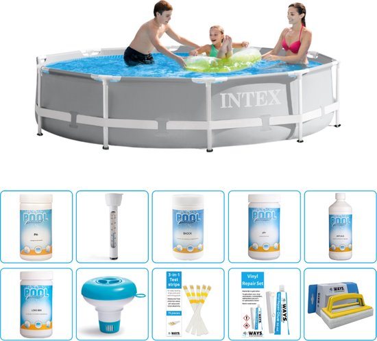 Intex Rond Prism Frame Zwembad - 305 x 76 cm - Grijs - Inclusief Chloor - Chloordrijver - Testrips - Reparatiesetje - Scrubborstel - PH-waarde - PH-waarde - Thermometer - Algen - Chloor