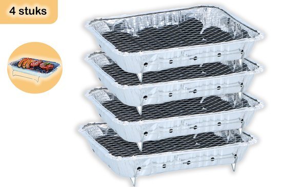 Wegwerpbarbecue 4 stuks – Instant BBQ met 600g Houtskool – Voor 8 Personen – Ideaal voor Balkon, Tafel en Picknick