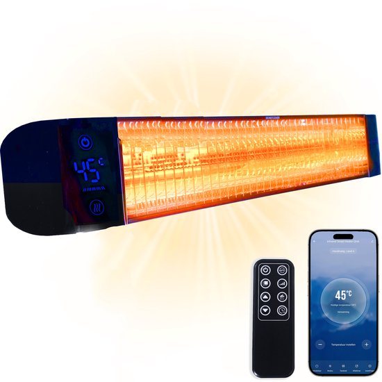 Heater Terrasverwarmer met App 2400W - Elektrisch - Bewegingsensor - Waterdicht - Heater - Afstandbediening - Infrarood - Hangend - Silvergear