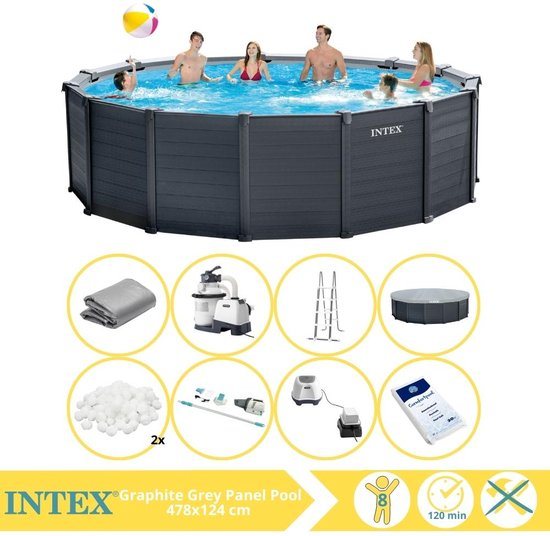 Intex Graphite Gray Panel Zwembad - Opzetzwembad - 478x124 cm - Inclusief Filterbollen, Stofzuiger, Zoutsysteem en Zout
