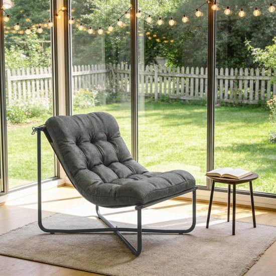 Pugsdrly Lounge stoel voor buiten Ergonomische tuinstoel met huidvriendelijk kussen Brede zitting Stalen frame Donkergrijs
