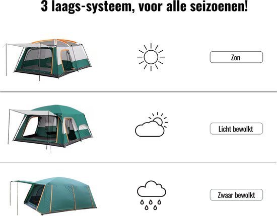 Lyve Kampeertent 4 personen - 2 slaapcabines - waterdicht - groen
