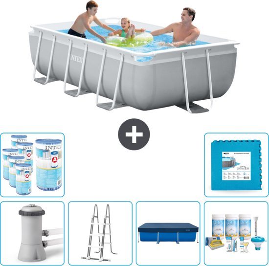 Intex Rechthoekig Prism Frame Zwembad - 300 x 175 x 80 cm - Grijs - Inclusief Pomp - Ladder Afdekzeil - Onderhoudspakket - Filters - Vloertegels