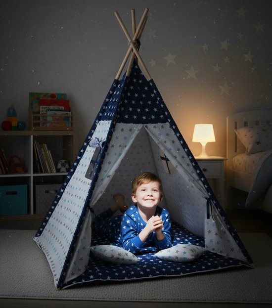 Speeltent - Tipi Tent - Met Grondkleed & Kussens - Speelhuisje - Tent voor kinderen - Blauw-Wit