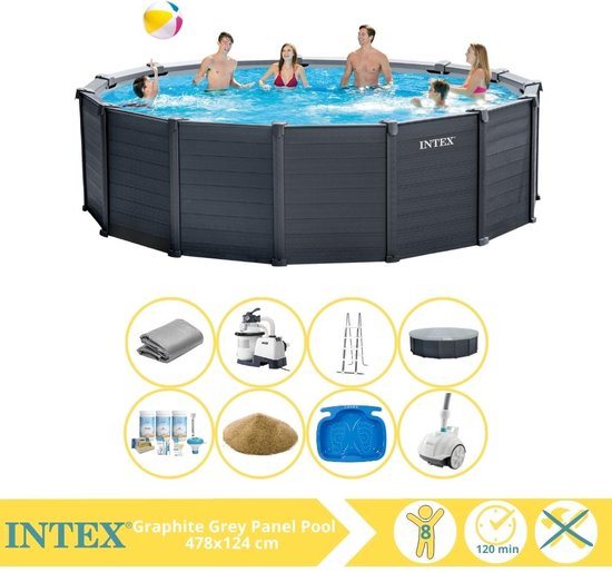 Intex Graphite Gray Panel Zwembad - Opzetzwembad - 478x124 cm - Inclusief Onderhoudspakket, Filterzand, Zwembad Stofzuiger en Voetenbad