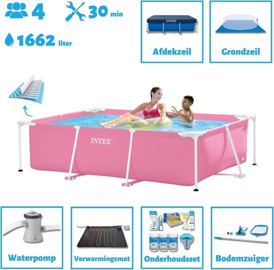 Intex Opzetzwembad - Rechthoekig - 220 x 150 x 60 cm - Roze - Sterk materiaal - Inclusief Accessoires