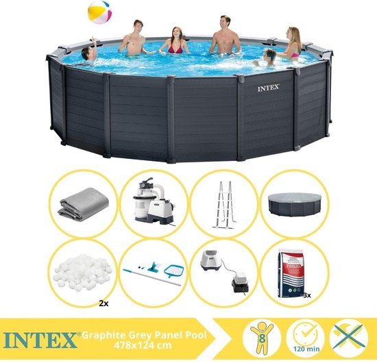 Intex Graphite Gray Panel Zwembad - Opzetzwembad - 478x124 cm - Inclusief Filterbollen, Onderhoudsset, Zoutsysteem en Zout