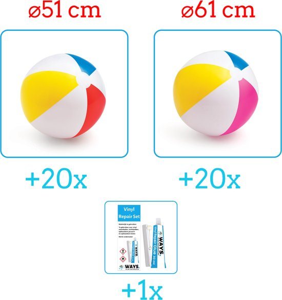 Intex Opblaasbare Strandballen - Strandbal Voordeelverpakking - 2 x 20 stuks - Strandbal Jumbo - Diameter 51 en 61 cm - Ideal voor Festivals - Inclusief handig Reparatiesetje