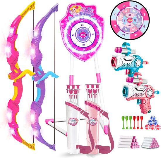 VATOS 2 Pack Zeemeermin Pijl en Boog Speelgoed - LED Licht - 4-in-1 Boogschieten Dartspel Set - 20 Zuignap Pijlen - Dartbord - Binnen/Buiten voor Kinderen Jongens Meisjes 5-12+