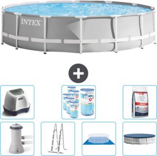 Intex Rond Prism Frame Zwembad - 427 x 107 cm - Grijs - Inclusief Pomp - Ladder - Grondzeil - Afdekzeil Zoutwatersysteem - Filters - Zwembadzout