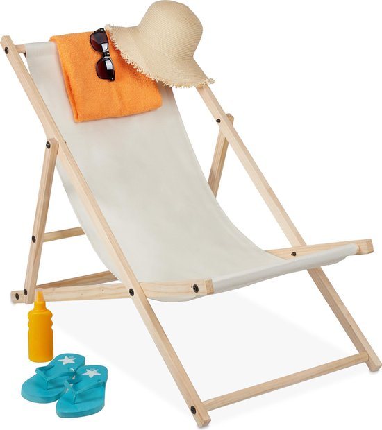 strandstoel - hout - 3 standen - ligstoel met stof - inklapbaar & verstelbaar - tuin - strand & balkon - beige