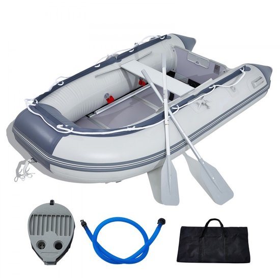 Opblaasbare rubberboot - 4-persoons sportboot - Met motorsteun - Houten vloer - Verstelbare aluminium bank - Aluminium roeiriemen - Luchtpomp en draagtas - Draagvermogen 453,6 kg