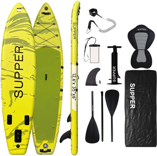 Supper Sup Board XL - Max. 220KG - Opblaasbaar – Paddle Board – Verstelbare Peddel – Waterdicht Telefoonhoesje – Pomp – Vin – Leash – Draagtas – Touring 381 x 81 cm - Limoengroen