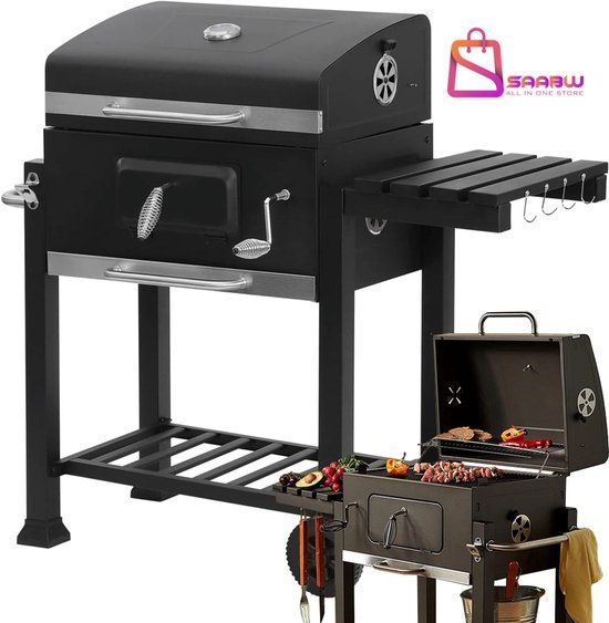 Grote Houtskool Barbecue met Deksel – Thermometer, 2 Grillroosters, Aslade & Zijtafel – BBQ met Wielen – 51772
