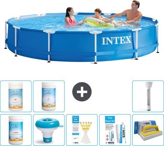 Intex Rond Frame Zwembad - 366 x 76 cm - Blauw - Inclusief Chloor - Chloordrijver - Testrips - Reparatiesetje - Scrubborstel - PH-waarde - PH-waarde - Thermometer
