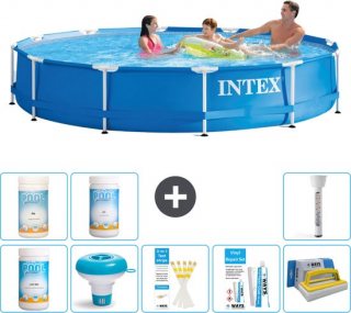 Intex Rond Frame Zwembad - 366 x 76 cm - Blauw - Inclusief Chloor - Chloordrijver - Testrips - Reparatiesetje - Scrubborstel - PH-waarde - PH-waarde - Thermometer