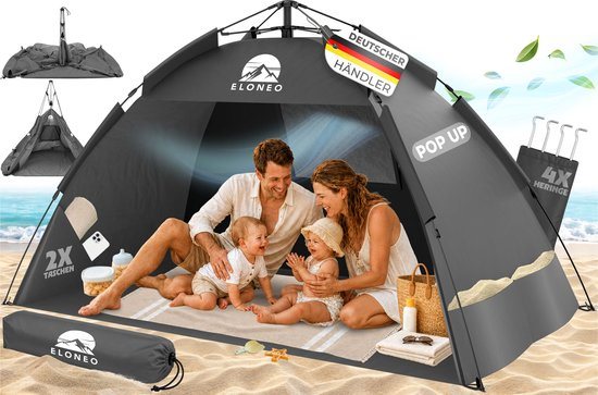 ELONEO Pop-up Strandtent UV-bescherming 80+, Lichtgewicht en compact inkl. draagtas, Strandzonwering & windbescherming voor baby’s en volwassenen - XL Grijs