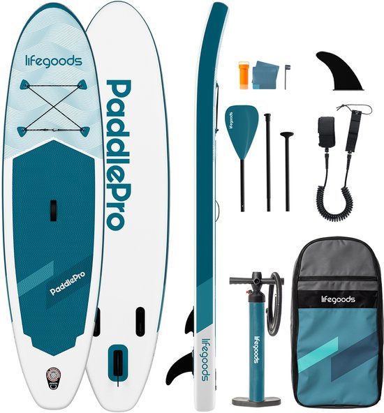 LifeGoods SUP Board Allround Compact - 120 KG Draagkracht - 300 x 76 cm - Opblaasbaar - Compleet SUP pakket - Wit/Deep Aqua