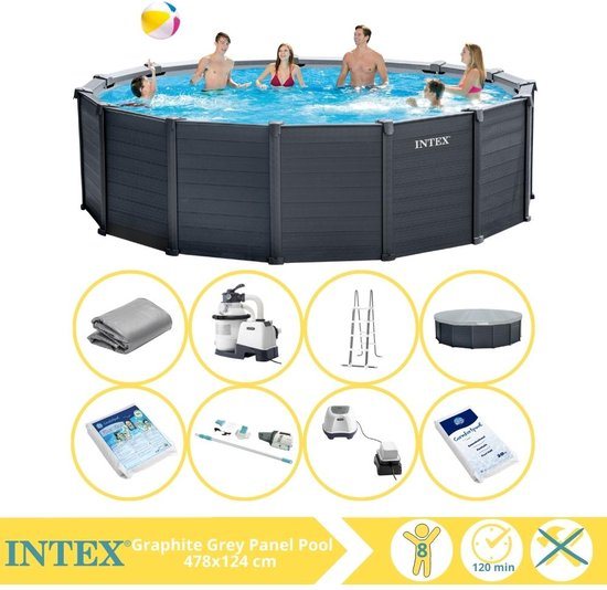 Intex Graphite Gray Panel Zwembad - Opzetzwembad - 478x124 cm - Inclusief Glasparels, Stofzuiger, Zoutsysteem en Zout