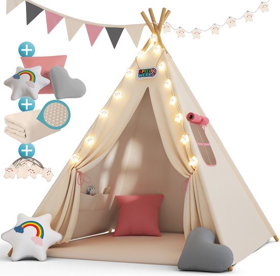 Spielwerk Speeltent – LED Verlichting & 3 Kussens 130x130x160cm – Roze
