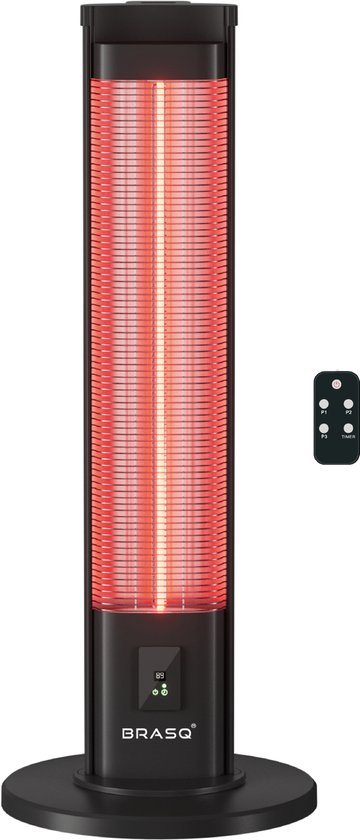BRASQ Elektrische Terrasverwarmer staand – 2000 watt - 3 warmtestanden – met Afstandsbediening en timer – Infrarood heater – spatwaterdicht – verwarming voor binnen en buiten – Zwart