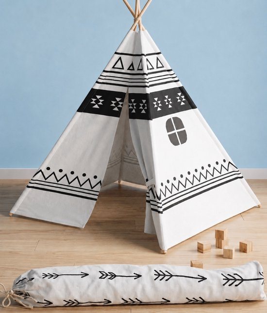 Tipi-tent van naturel katoen - ecru/wit met zwarte accenten - inclusief opberghoes - 120 x 120 x 145 cm