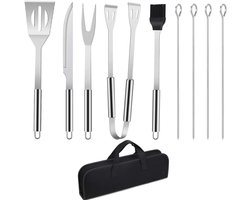 Famanu - Grillbestek BBQ grillaccessoires, 9 stuks grill-gereedschapsset roestvrij staal barbecue-gebruiksvoorwerpen, BBQ grillen kookgereedschap kit-schraper, kwast, vleesmes, spiesen accessoires voor outdoor gezinnen tuinfeest