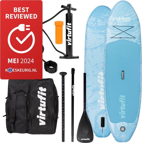 VirtuFit Supboard Ocean 275 - Light Blue - Stand Up Paddle Board - Supboard Opblaasbaar - Voor beginners en gevorderden - Verstelbare peddel - Max. 150 kg - Met accessoires en draagtas