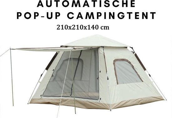 Automatische Waterdicht Pop-up Tent – Camping Tent voor 2-3-4 Personen - 210x210x140cm - Waterdichte Kampeertent -Outdoor Kampeer & Festival Tent–Ideaal voor Gezinscamping en Buitenactiviteiten-Snel Opzetbaar – Met Luifel & Draagtas– Beige – Lexorion