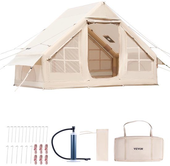 SOLVA Tent - Kampeertent - Opblaastent - Ca. 6 m² - Met Opbergtas En Hogedruk Handpomp - Tot 5 Personen - 3x2x2 Meter - Beige