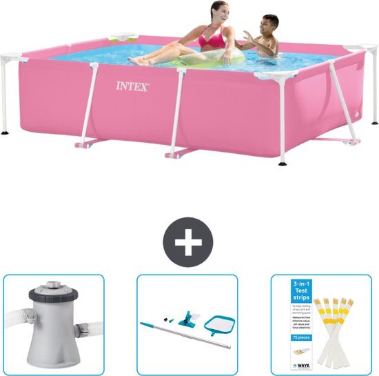 Intex Rechthoekig Frame Zwembad - 220 x 150 x 60 cm - Roze - Inclusief Zwembadfilterpomp - Schoonmaakset - Testrips