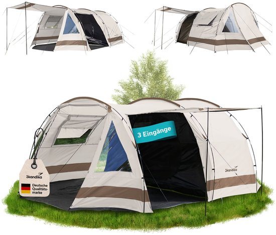 Skandika Kambo tunneltent voor 4 personen - Donkere slaapcabine met zilvercoating, 3000 mm waterkolom, 3 ingangen, zonneluifel, voortent, met inlegvloer | Kampeertent in beige