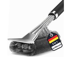 Famanu - Barbecueborstel, 3-in-1 grillborstel met reinigingsborstel met lange steel en schraper, roestvrij staal, BBQ-gereedschap, barbecue-accessoires, 360 graden, reinig grillrooster, keuken, servies